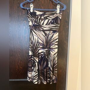 Cache Strapless Dress with Brown and Purple Palm Design